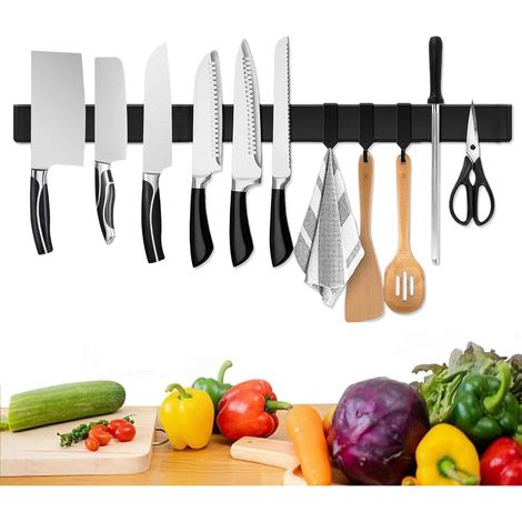 Verbesserte 60cm Magnetleiste Messer Edelstahl Schwarz 3 Haken Wandhalterung (1/5)