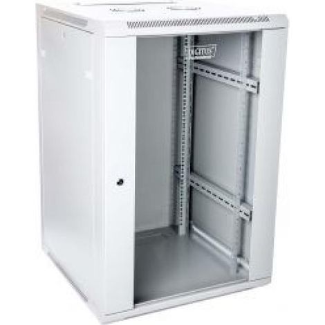 Wall-mounted network cabinet 19" 18U rack 600x600, door pane, gray, unshared, folded, 60kg