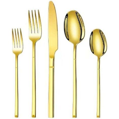 Ensemble de couverts 5 pièces - Ensemble de couverts - Ensemble de couverts dorés - Couteau, fourchette et cuillère - Acier inoxydable 304 (1/4)