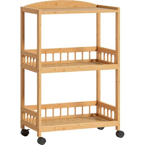 Carrito de cocina de bambú con ruedas - 3 estantes, madera natural