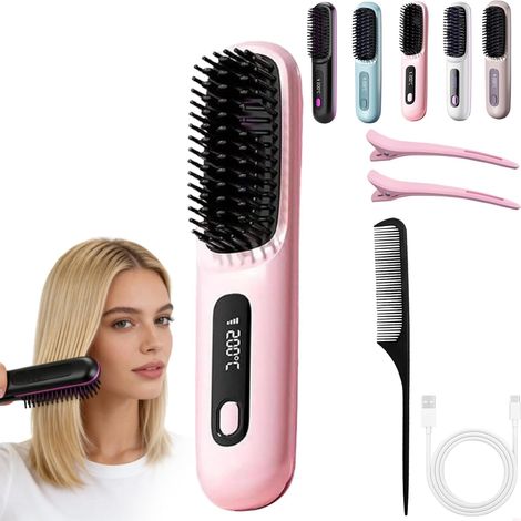 Heated Brush for Short Hair, Portable Rechargeable Straightener, Adds Volume in 2 Minutes, Portable and Rechargeable Styling Brush for Travel and Daily Use (1C)