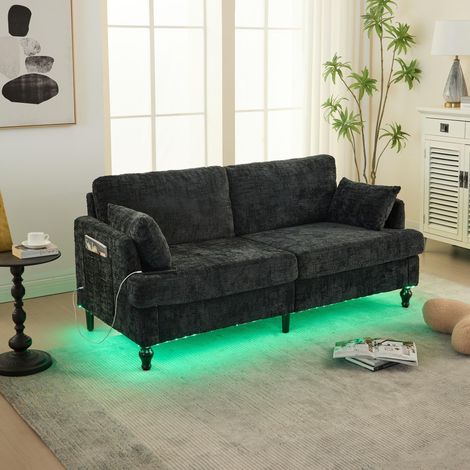 Divano moderno a 2 posti in ciniglia con gambe in legno, illuminazione a LED, porta di ricarica USB e borsa portaoggetti, 175x83x78cm, Nero