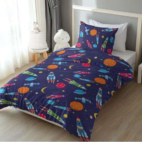 Parure de lit 135 x 200 cm pour enfant Motif spatial astronautes et planètes Coton renforcé Taie d'oreiller et housse de couette (1/5)