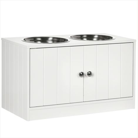 Gamelle pour chien 2 gamelles acier inox avec support bois blanc (1/5)