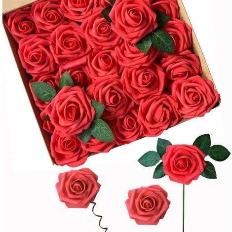 Fleurs artificielles - Roses rouges - 25PCS - Mousse - Décoration mariage et fête (1/4)