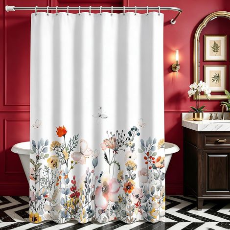Rideau de douche 150 x 180 cm - Motif fleurs - Ourlet lesté - Textile anti-moisissure - Imperméable - Lavable - En polyester - Avec œillets et 12 anneaux de rideau de douche - Pour salle de (1/5)