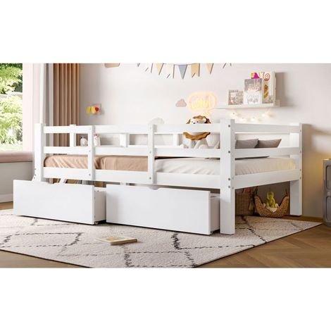 Lit Simple 90 x 200 cm lit plateforme en bois barrière de protection 2 tiroirs de rangement finition blanche (1/5)