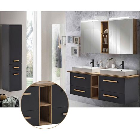Badmöbel Komplett Set anthrazit mit Landhaus Eiche DABO-04 Doppelwaschtisch, Spiegelschrank & Hochschrank, B/H/T 210/200/50 cm (1/5)