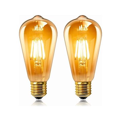 Set of 2 Vintage Edison E27 LED Bulbs, 6W, Amber Glass, Warm White 2200K, Equivalent to 60W Incandescent, 600LM, AC 220V, Non-Dimmable, ST64 Filament Retro, Decorative for Home, Bars, Cafes (1/5)