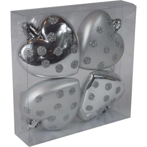 Set di 4 palline decorative a forma di cuore in argento