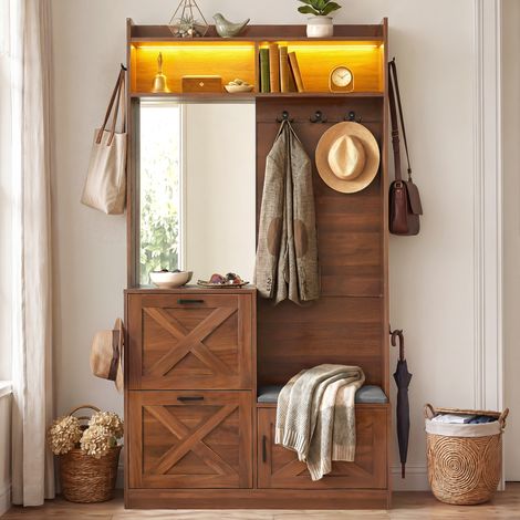 Comanlai - Vestiaire d'Entrée Multifonction 180 cm avec LED Contrôlée par App, Meuble à Chaussures 2 Abattants, Miroir, Portemanteau et Banc Rembourré, Meuble Rangement Noyer (1/4)