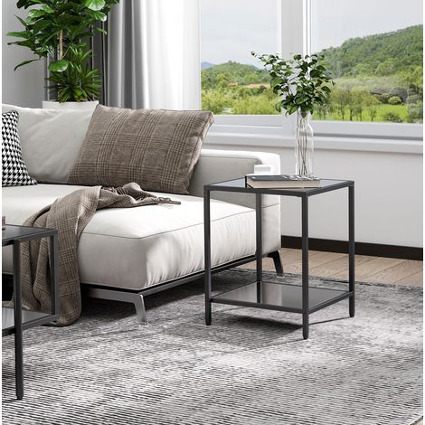 Beistelltisch 40x40x50 cm schwarz aus Hartglas mit 2 Ebenen und Stahlgestell (1/5)