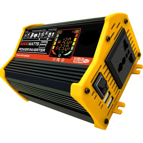 Onduleur à onde sinusoïdale modifiée haute fréquence 6000 W (puissance de crête), convertisseur CC 12 V vers CA 220 V, chargeur allume-cigare avec double port USB 2,1 A, pinces pour batterie et écran (1/2)