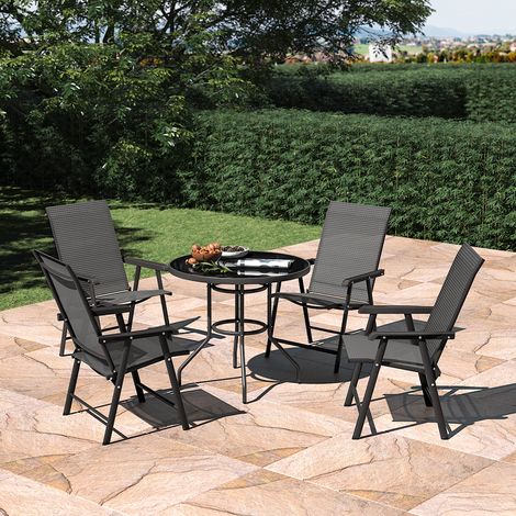 Set of 5 Garden Patio Glass Umbrella Table and Folding Chairs Set (1/5)