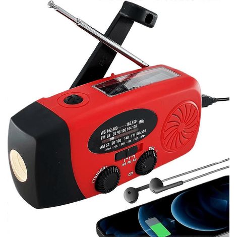 Radio solaire à manivelle, chargeur de téléphone USB rechargeable 2000 mAh, radio météo d'urgence AM/FM à manivelle, alarme SOS pour le camping et la randonnée. (1/5)