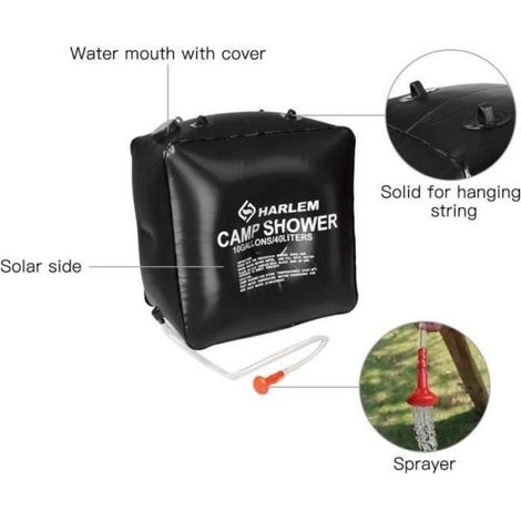Sac de douche solaire 40L avec tuyau amovible et pommeau de douche commutable pour randonnée et escalade (1/4)