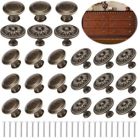 24 Pièces Boutons de Porte Vintage, Poignée de Meuble avec 2 Modèles Différents, 30/35MM Boutons de Tiroir pour Placard Cuisine Armoire Commode, Motif Fleur et Rond, Inclus Vis (1/5)