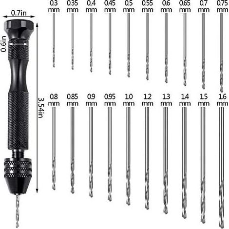 The 21 Piece Pin Clamp Set includes a hand drill, a pin clamp and 20 mini twist drill bits (0.3-1.6mm) for DIY wood, clay and resin jewelry making. (1/5)