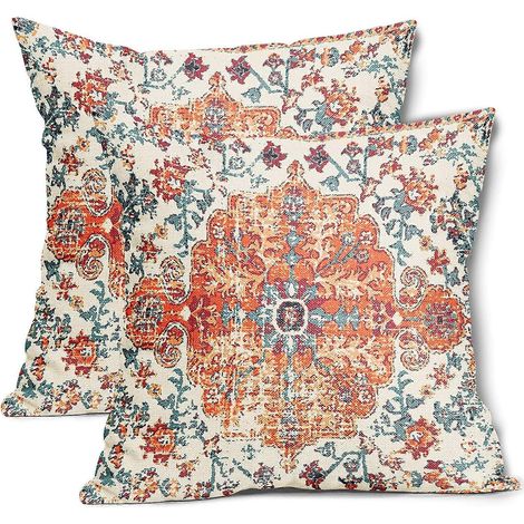 Tapis Simia Vintage, taie d'oreiller, ensemble de coussins décoratifs 2 pièces, motif floral corail rouille, style rustique, pour salon, chambre ou extérieur. (1/4)