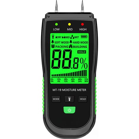 Feuchtigkeitsmesser MT-19 Holzfeuchtigkeitsmesser Kartonfeuchtigkeitstester Baumhygrometer mit zweipoligem LCD-Hintergrundbeleuchtungsbildschirm und Taschenlampe P