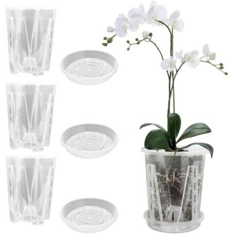 Lot de 3 pots en plastique transparent pour orchidées, avec trous de drainage et conception aérée – Convient aux plantes d’intérieur et d’extérieur (14 cm + soucoupe)