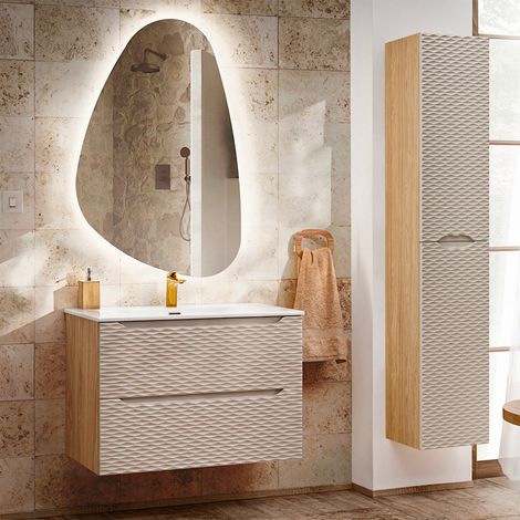 Conjunto de muebles con lavabo individual encastrado 80cm y columna Elora Beige y madera (1/5)
