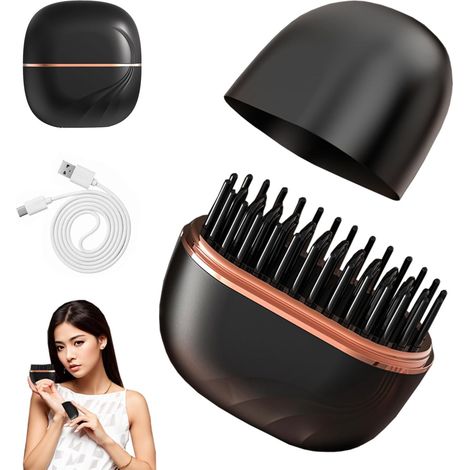 Mini Brosse Lissante Portable, Mini Brosse Lissante Sans Fil, Brosse À Lisser Portable, Lisseur Cheveux 160-200℃ avec 3 Températures, Brosse À Lisser Sans Fil, Voyage et Domicile (M3) (1/5)