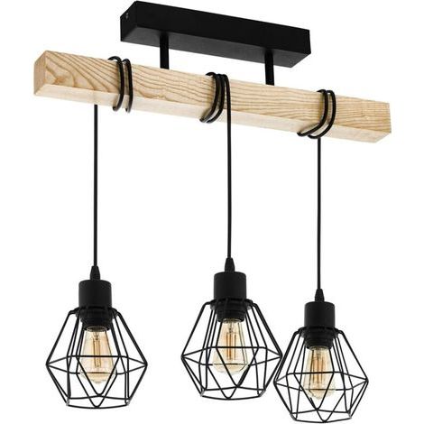 [JAMAIS UTILISÉ] Suspension luminaire , lustre à 3 lampes, abat-jour suspendus au design vintage et industriel, éclairage rétro en acier noir et bois, douille E27 (1/4)