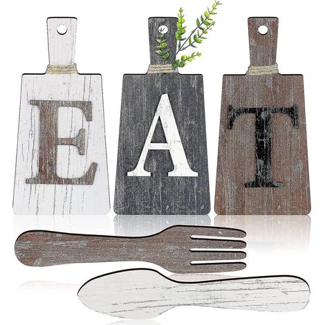 Ensemble de planches à découper et panneaux décoratifs « Mangez » à suspendre pour la cuisine : fourchette et cuillère. Décoration murale rustique et champêtre pour la cuisine et la maison. (1/5)