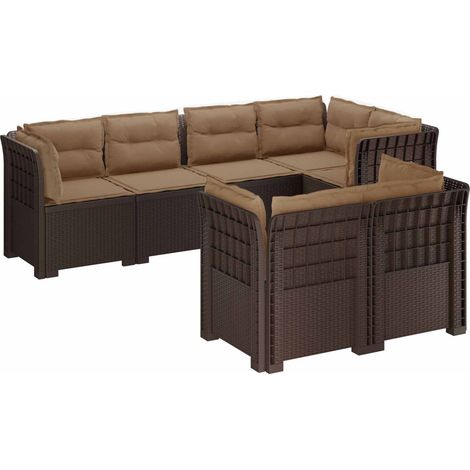 Canapé de Jardin Modulaire 7 Places en PP Aspect Rotin avec Coussins Marron et Taupe - PANGIVO (1/5)