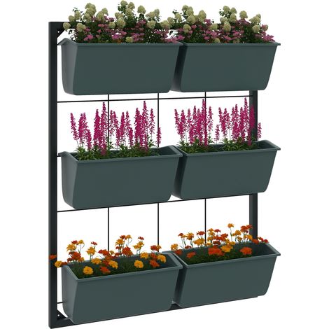 Jardin vertical à trois niveaux avec 6 pots en acier et plastique. 52 x 14 x 66 cm. Vert foncé.