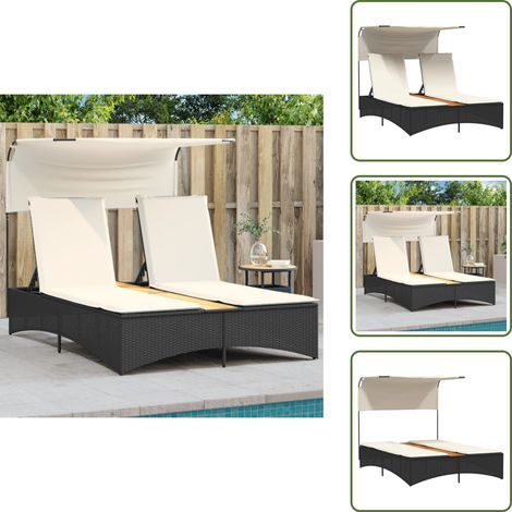 The Living Store Doppel-Sonnenliege mit Dach und Auflagen Schwarz Poly Rattan - Doppelsonneliege - Gartenliege - Sonnenliege - Outdoor Möbel - Pool Liege (1/5)