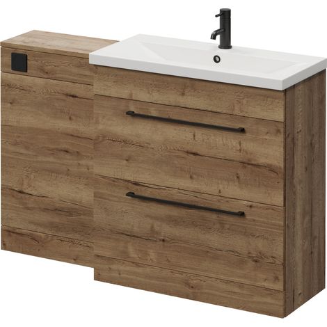 Napoli 390 Tobacco Oak 1300mm 2 Drawer Vanity Unit Toilet Suite with Glide Basin - 1300mm - Matt Black 480mm HandleWithout Kingston Toilet Pan
