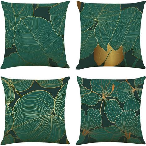 Ensemble 4 Housses de Coussin 45x45 Vert en Lin Taie d'Oreiller Décoratif Canapé (1/5)
