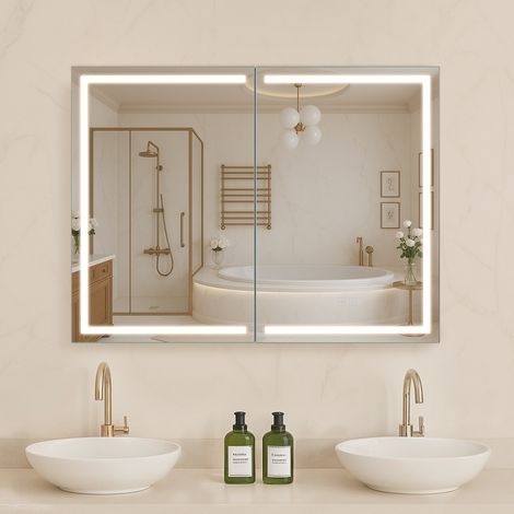 VEVOR Armoire Murale Salle de Bain 60x80 cm, Armoire de Toilette avec Miroir HD et LED 3 Couleurs a Intensite Variable, avec Fonction Memoire, Etagere de Rangement Reglable, Prises et Ports USB (1/5)