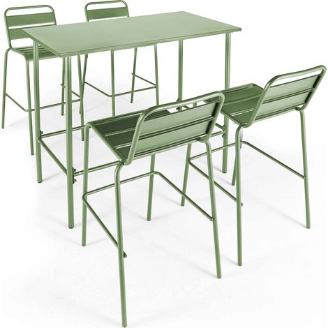 Ensemble table haute et 4 chaises de bar en métal vert cactus - Palavas