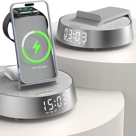 (Gris foncé) Réveil intelligent avec chargement sans fil, haut-parleur Bluetooth, radio et lumière à intensité variable. (1/5)