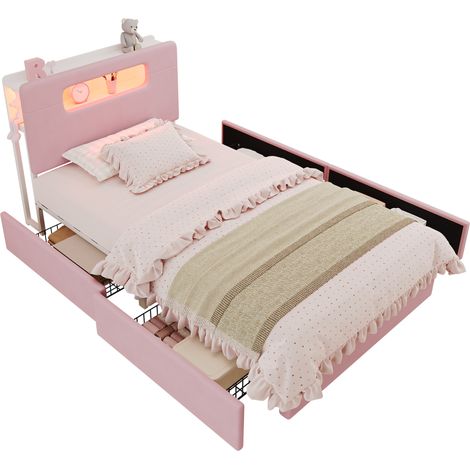 Lit en velours rose 90x200 cm avec 4 tiroirs, lit rembourré LED contrôlée par application, sommier à lattes (1/5)