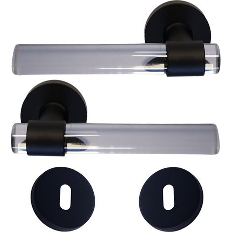 Maniglie per porte “JOY” INCOLORE Plexiglass cristallo nero Base in acciaio inox +1 Coppia di rose con foro per la chiave (1/2)
