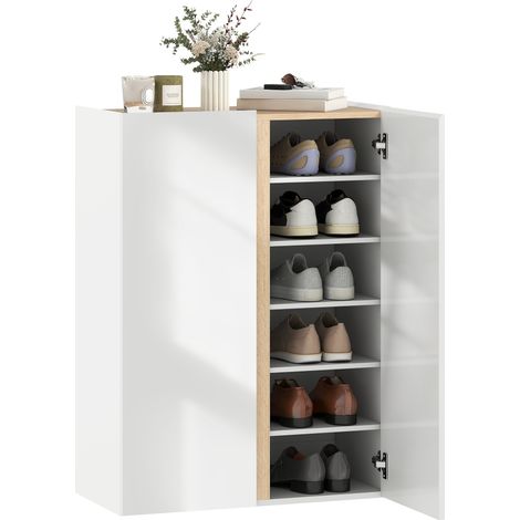 Zapatero de 6 niveles - Puerta blanca de alto brillo y tapa con detalles de madera (1/5)