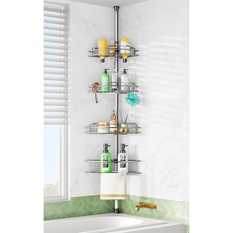 Etagere Douche Telescopique Angle: 4 Etages en Metal Etagere Salle de Bain Sans Percage, Bathroom Rangement Pour Shampoings, Savons & Gels de Douche — Longueur Reglable 121-314 cm, Argent (1/5)