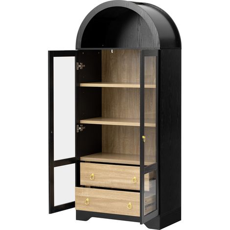 Schwarzes Highboard mit Glastüren, verstellbaren Böden und 2 Schubladen, 76,2 x 40,1 x 180 cm (1/5)