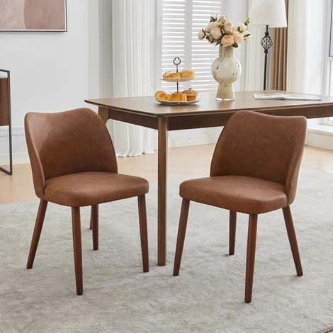 Lot de 2 Chaises de salle à manger aspect cuir avec forme ergonomique,Pieds en Bois, design moderne,Marron (1/5)