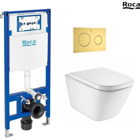Pack WC Bastidor empotrado ROCA Duplo cisterna y pulsador PL10 oro cepillado con inodoro suspendido ROCA The Gap 54 cm Soft-Close (1/5)