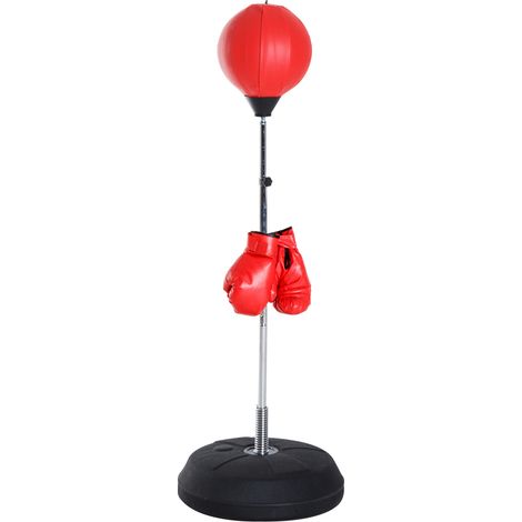 Ensemble de boxe avec balle de frappe sur pied hauteur réglable 126-144 cm gants inclus entraînement fitness coordination réflexes adulte enfant maison salle sport équipement cardio rouge durable prat