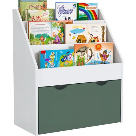 Bibliothèque pour enfants Multi-Rangement avec 3 niveaux d'étagères et un tiroir, 62,5L x 30l x 70H cm, vert