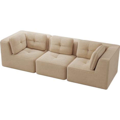 Canapé d'angle modulaire sans cadre, sofa en velours côtelé confortable, 3 places avec assise profonde pour salon, beige, sans montage requis (1/5)