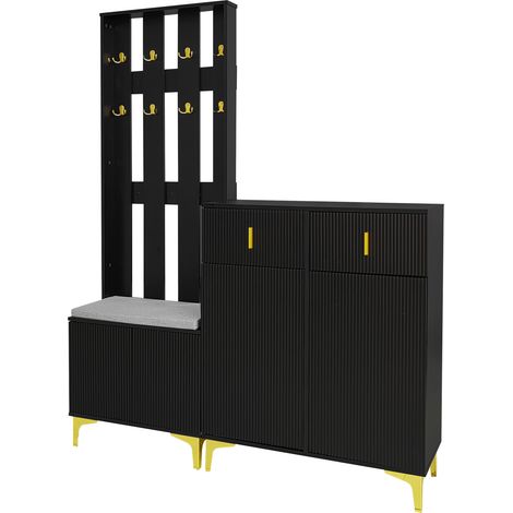 Ensemble d'entrée noir avec meuble à chaussures, banc et porte-manteaux à crochets dorés (1/5)