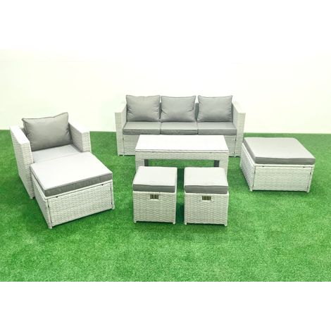 Fimous Polyrattan Gartensofa Set Couchtisch 4 Hockern Hellgrau gemischt