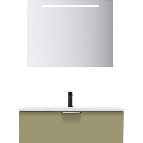 Meuble de salle de bain suspendu vasque intégrée 90cm 1 tiroir Vert olive + miroir - Soho (1/5)